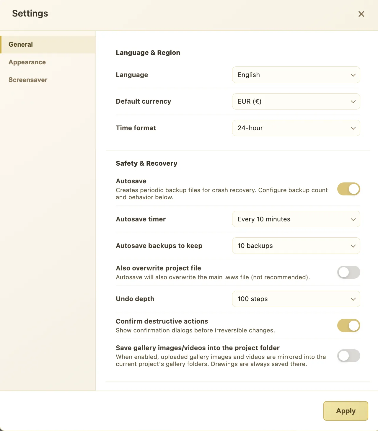 General Settings panel showing Language, Region, Autosave, and Undo Depth options